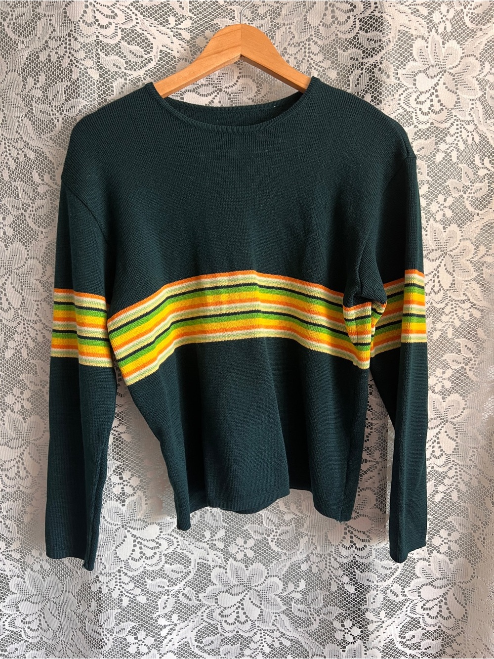 Vintage Green Striped Crewneck Sweater - Women